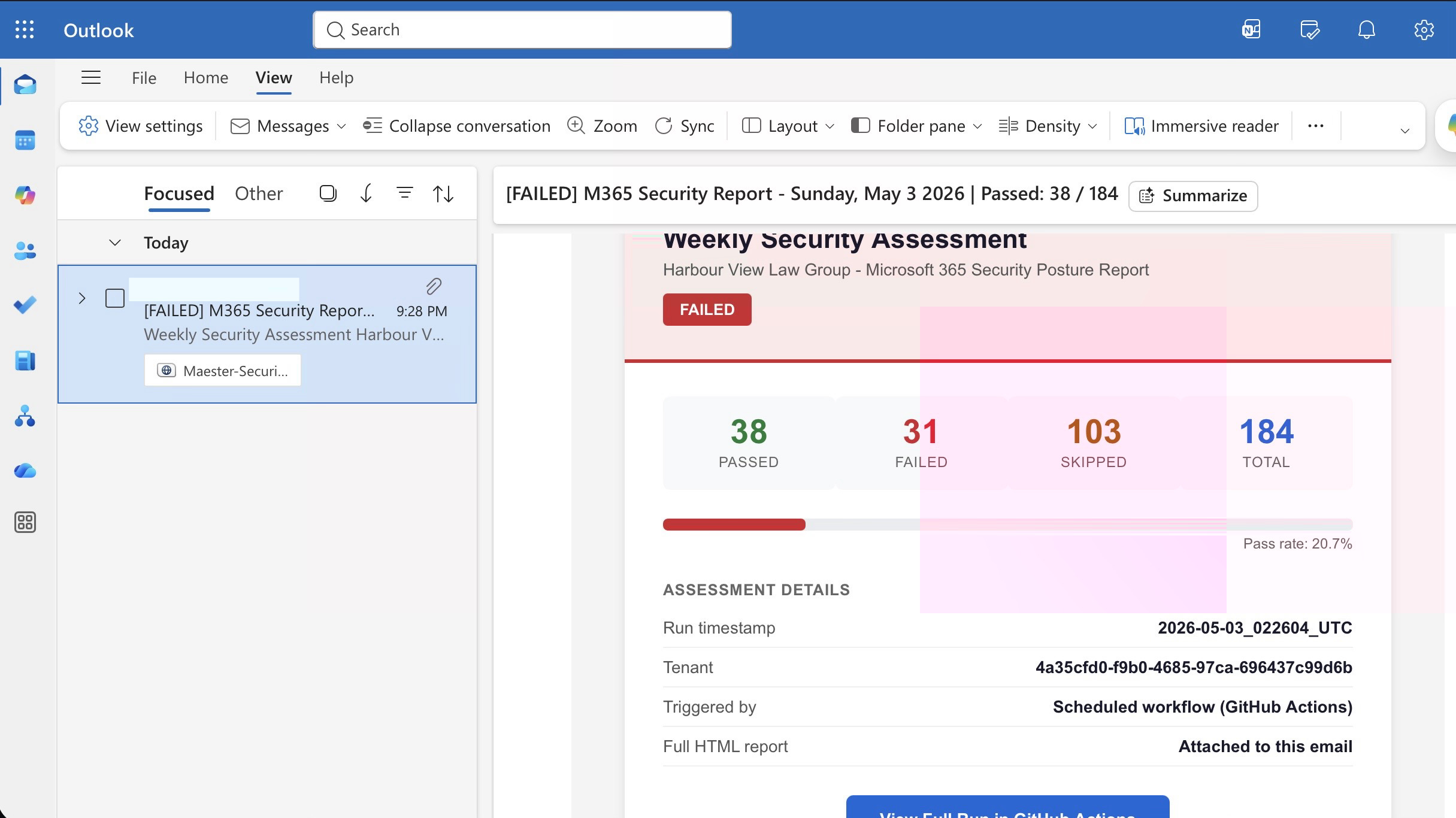 Outlook inbox showing automated Maester weekly security report email with HTML report attached