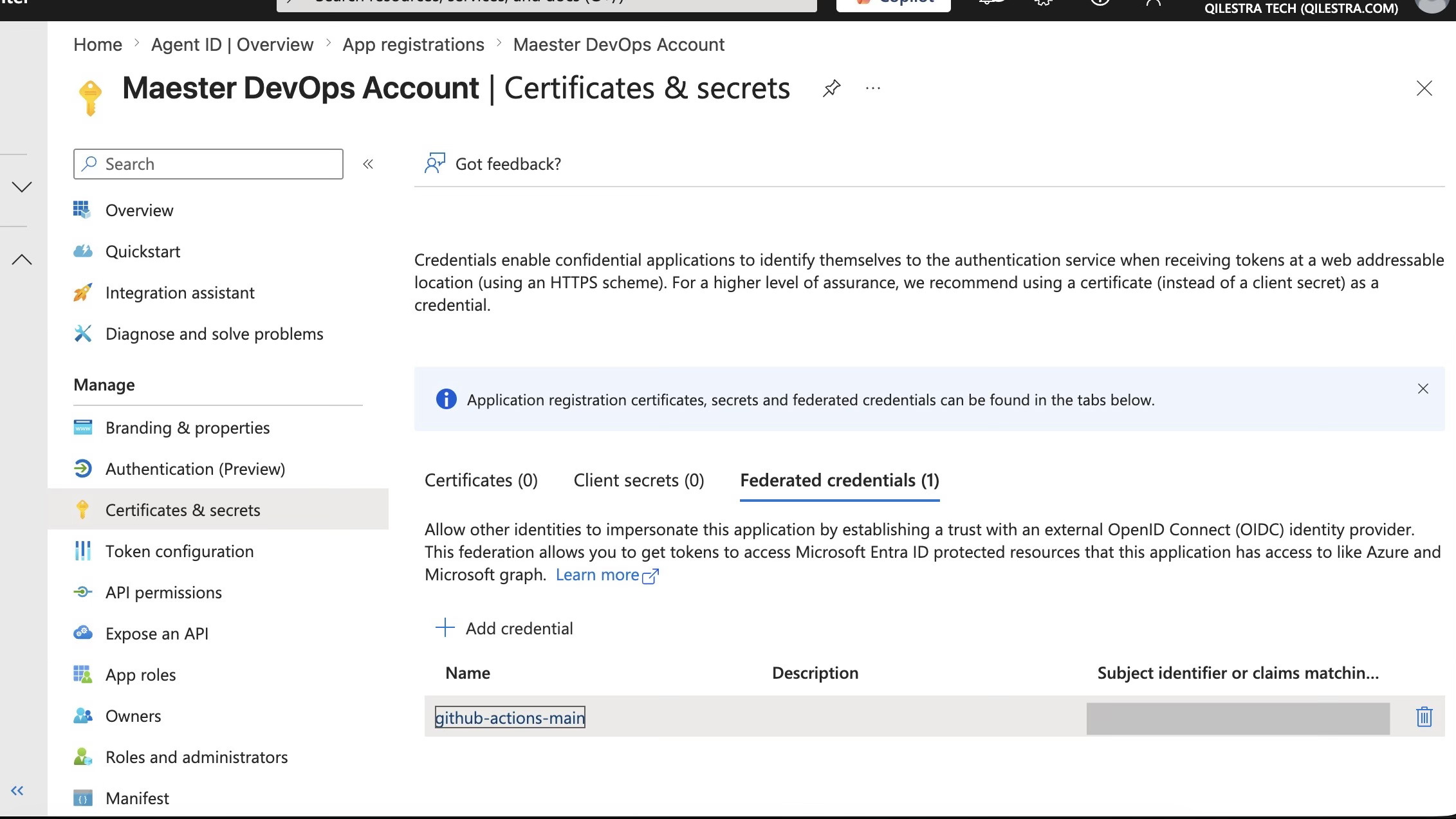 Azure app registration showing federated credentials tab with github-actions-main credential and zero client secrets