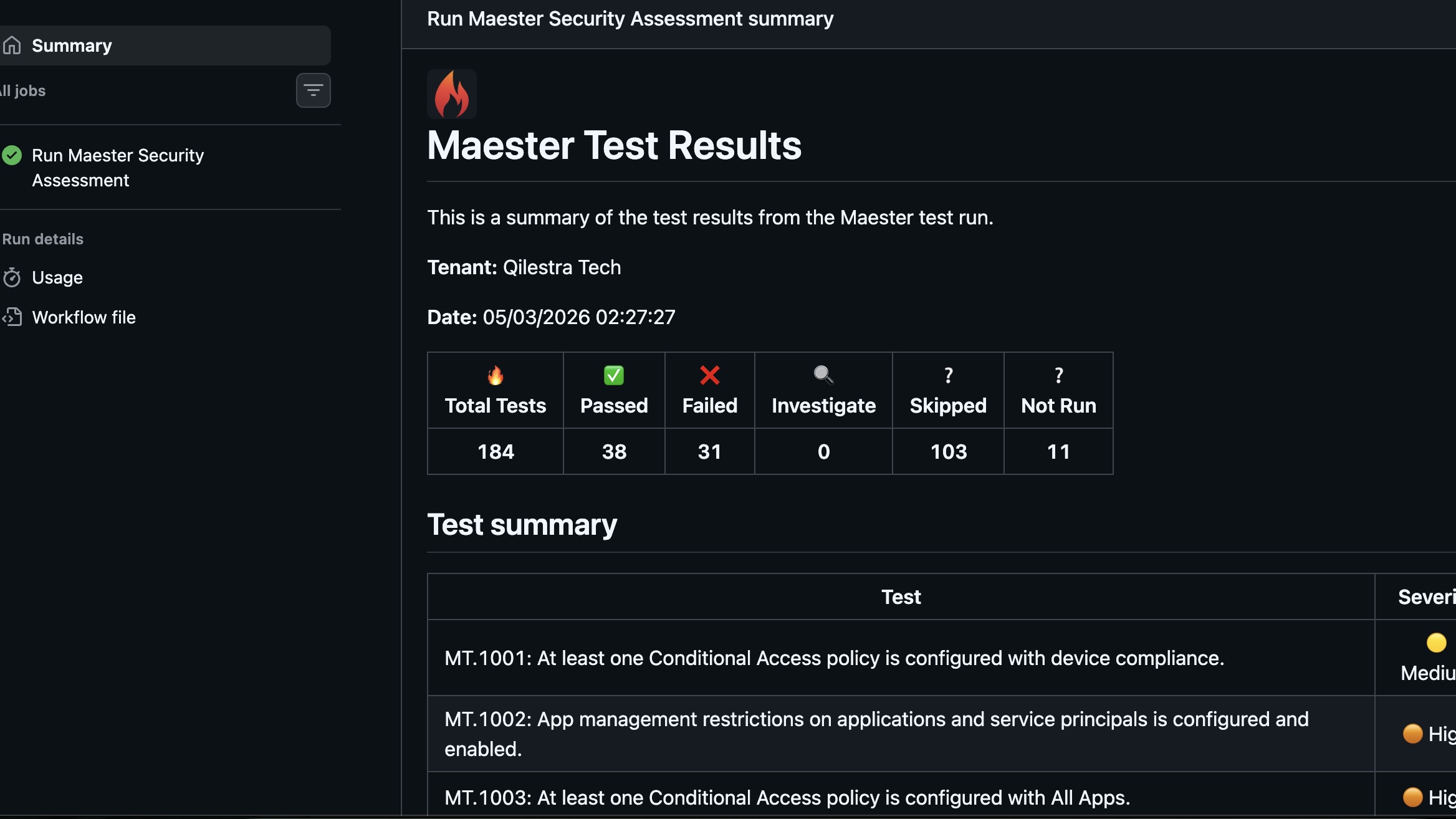 Maester test results table embedded in the GitHub Actions run summary