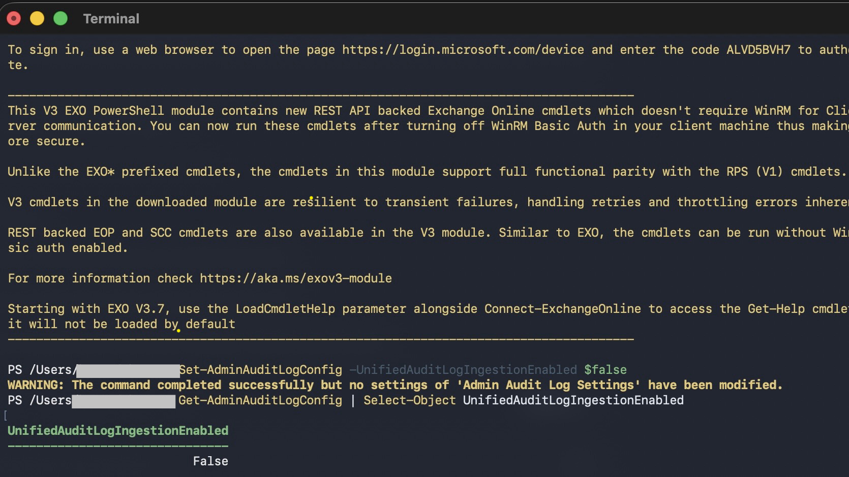 Terminal output showing UnifiedAuditLogIngestionEnabled returned as False