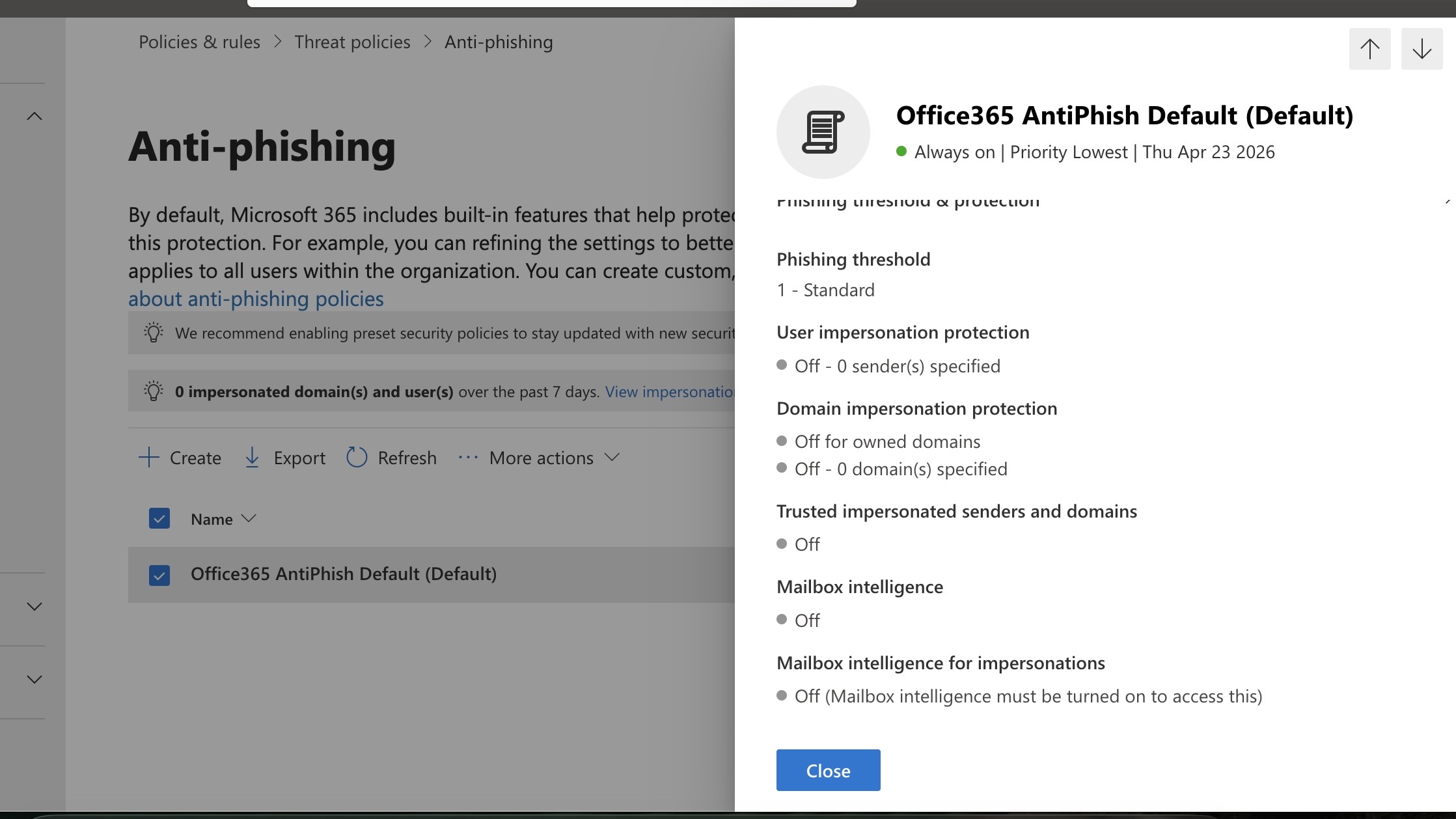 Anti-phishing policy showing all protection settings disabled