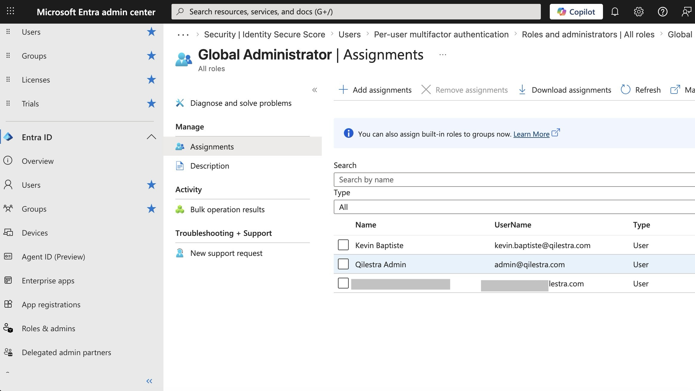 Global Administrator role assignments showing multiple accounts assigned the role