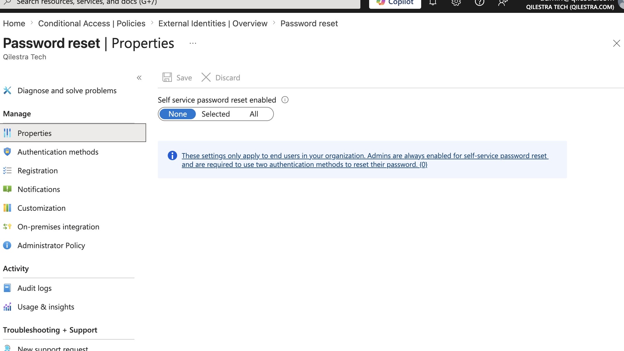 Password reset properties showing self service password reset set to None