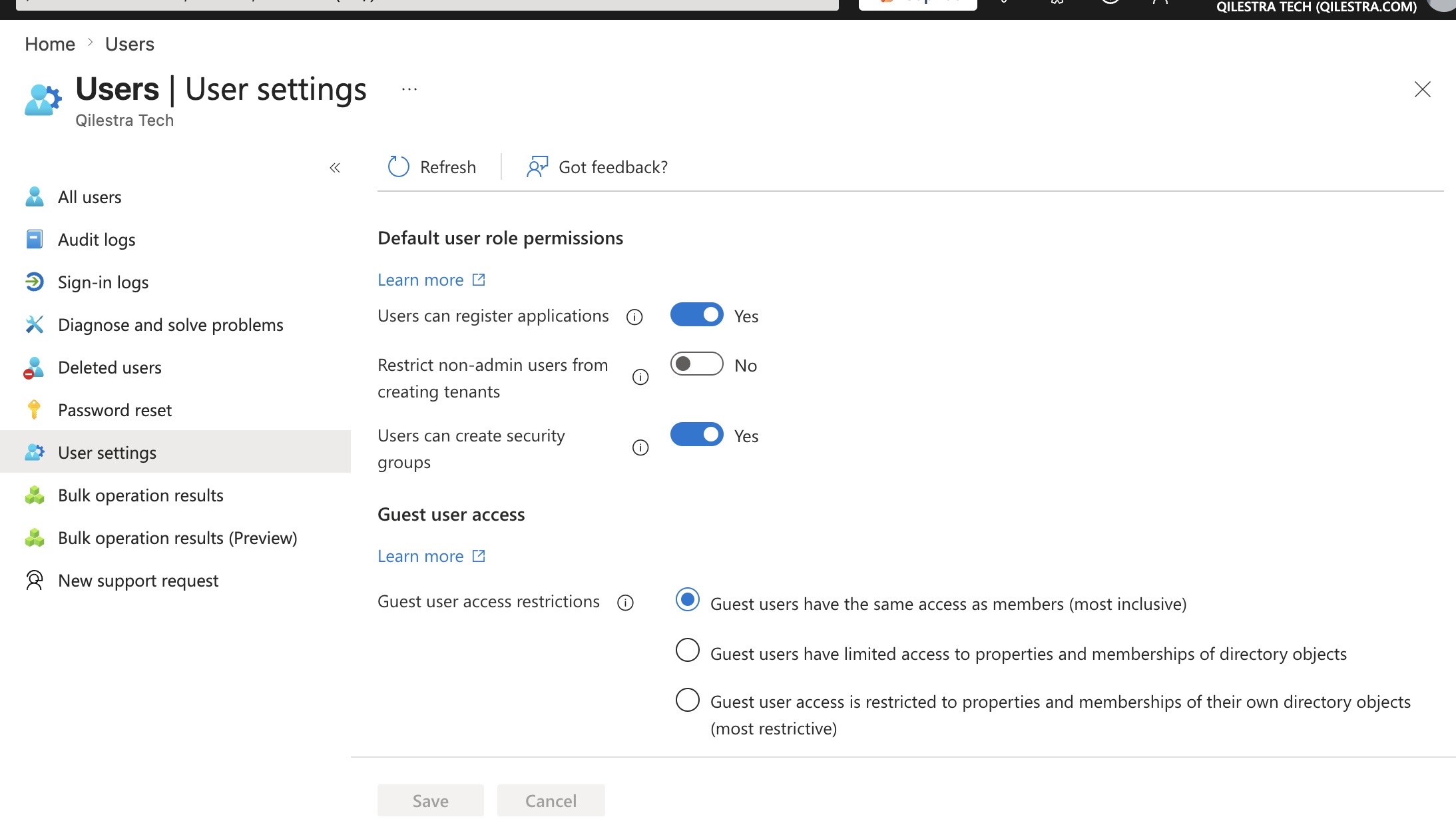 Entra ID user settings showing app registration open to all users and guest access set to most inclusive