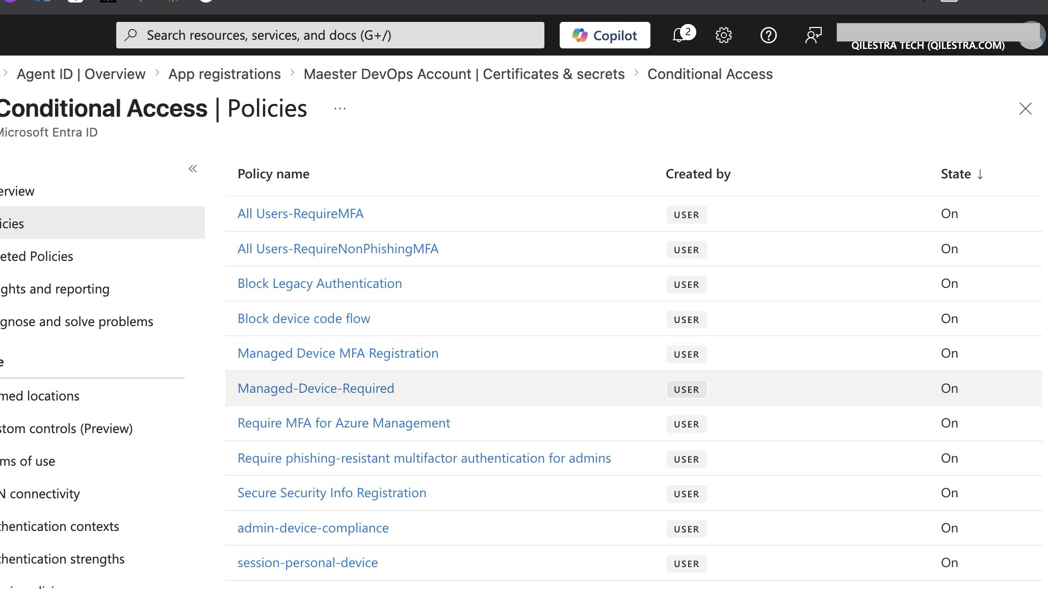 Conditional Access policies list showing all deployed policies in On state