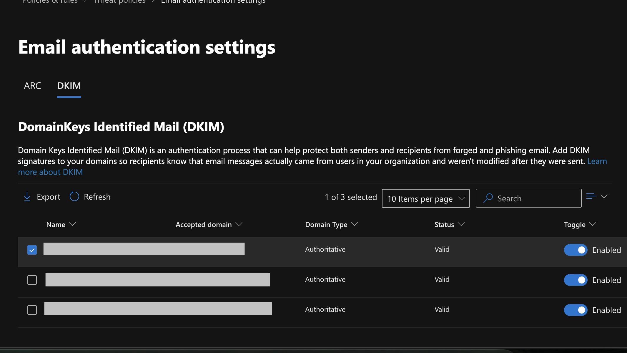 Email authentication settings showing DKIM enabled and Valid for all domains