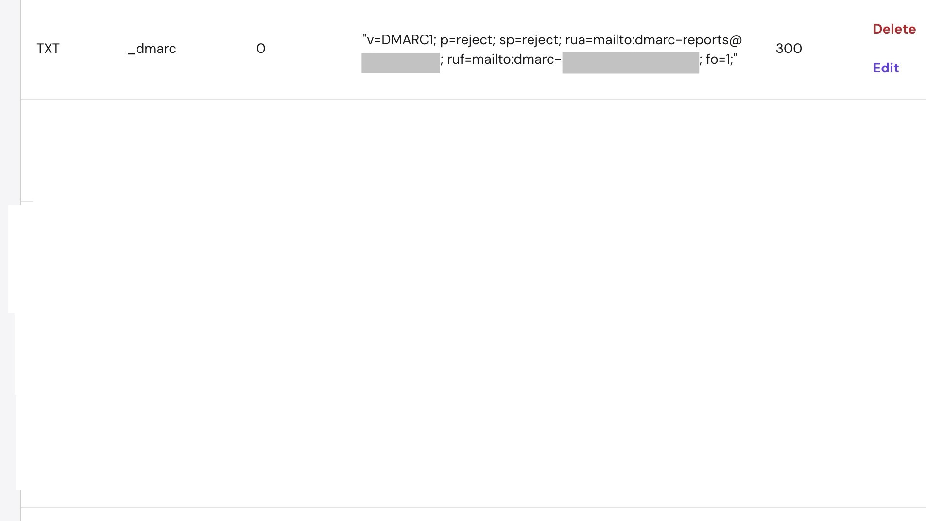 Hostinger DNS TXT record showing DMARC with p=reject and sp=reject